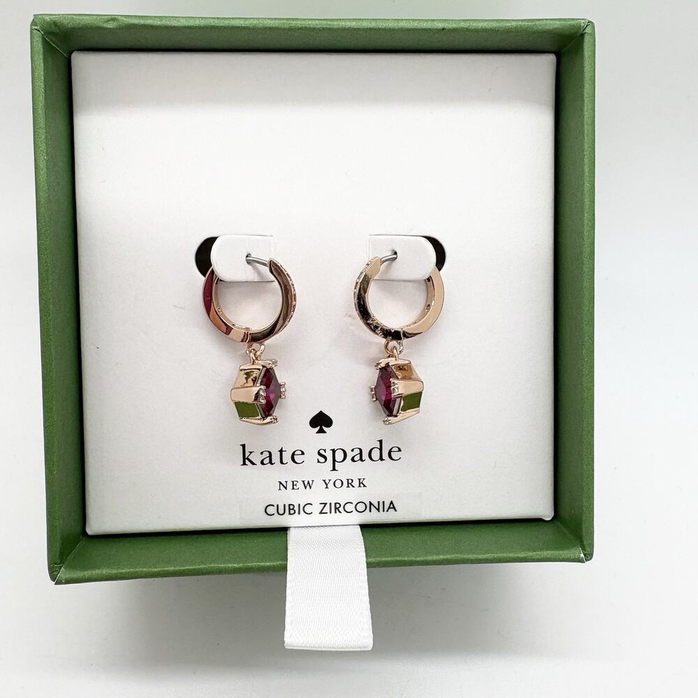 Kate Spade Red CZ Earrings Drop Huggie Dangle Crystal Hoop Snap Closure Goldtone